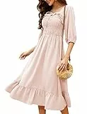 KOJOOIN Damen Kleid Casual Lange Sommerkleid 3/4 Ärmel Swing Midikleid A Linie Freizeitkleid mit Hohe Taille Aprikose S