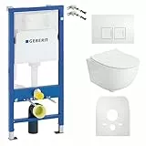 Lavita Duofix Basic Vorwandelement + Lavita Wand Tiefspül WC Dalia Weiß Spülrandlos + WC Sitz mit Absenkautomatik + Bedienplatte Delta 25 Weißer Knopf Komplettset Unterputz Spülkasten Toilette WC