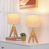 EDISHINE 2er Set Tischlampe Holz, LED Nachttischlampe mit beigem Leinen-Lampenschirm, E27 Fassung, inkl. Leuchtmittel, Vintage Tischleuchte für Schlafzimmer, Wohnzimmer, Geschenk