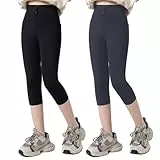 linboo Mädchen Capri Leggings Sommer Kurz 3/4 Hosen Sport Shorts High Waist mit Taschen Sommerhose Elastisch Outwear Hosen, Schwarz+Grau, 104-110(Herstellergröße: 110)