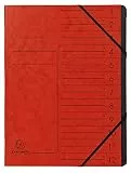 Exacompta 541205E Premium Ordnungsmappe geheftet. Aus extra starkem Colorspan-Karton DIN A4 12 schwarze Fächer und 2 Gummizüge mit Organisationsdruck Ringmappe Register-Mappe rot