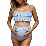 Generisch Zweiteiliger Umstandsbikini mit hohem Bund Streifenmuster als bequemer Badeanzug für Schwangere am Pool (Light Blue #11, L)