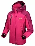 donhobo Jacken Damen Outdoorjacke Wasserdicht Windjacke Leicht Wanderjacke Atmungsaktiv Funktionsjacke Softshell Regen Übergangsjacke mit Kapuze (Rose Rot, XXL)