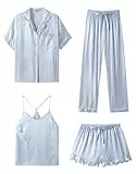 SAPJON Satin Seide Pyjama für Frauen 4-teiliges Rüschen Kerbe Kragen Nachtwäsche Button Down Kurzarm Shorts Pjs Set Loungewear
