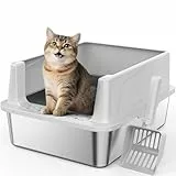 FURTIME Katzenklo Edelstahl, Katzentoilette Edelstahl 18L mit Schaufel, Katzenklo Metall mit Hochwandigem Seitengehäuse Auslaufsicher Gegen Verschüttungen für Kätzchen,Neugeborene Katze, 44x34x21cm