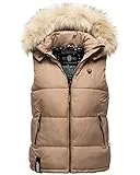 MARIKOO Damen Winter Weste Steppweste mit Kapuze und Fellkragen B896 [B896-Eisflöckchen-Taupe-Gr.XS]