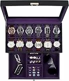 KILHS Uhrenbox für 12 Uhren,2-stöckige Watch Box mit Glasdeckel & Schublade,Uhrenbox Herren mit Schlüsselschloss – Perfektes Männergeschenk für Ringe,Manschettenknöpfe & Uhren,Schwarz & Violett