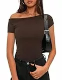 Totatuit Off Shoulder Oberteil Damen Kurzarm Slim Fit Top Schulterfrei Y2K Sommer Party Outfit Braun L