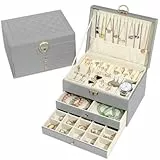 Granbest 3 Schichten Schmuckkästchen mit 2 Schubladen, Elegante Schmuckkasten, Leder Schmuckbox Ideal für Halsketten, Armbänder, Ringe und Ohrringe (Grau)