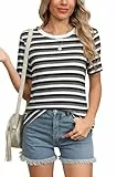 YGJIEGENG Gestreiftes Kurzarm-Sommershirt für Damen Tshirt Locker Rundhals Kurzarm Tshirt blusen Casual Stricken Pullover Schwarz M