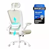 SONGMICS Bürostuhl ergonomisch, Drehstuhl mit Mesh, Lenden- und Kopfstütze, Wippfunktion, 53 cm große Sitzfläche, klappbare Armlehnen, Arbeits- und Schlafzimmer, Studenten, cappuccinobeige OBN047K01
