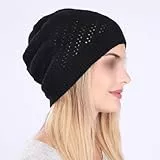 FSSTUD Häkelmütze mit Ausschnitt, Stretch, Slouchy, Strickmütze, dünne Strickmütze, Winter, Boho, Totenkopfmütze, handgefertigt, gehäkelt, Schwarz