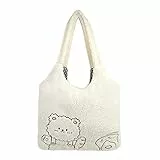 MEGAUK Damen Plüsch Umhängetasche Große Kapazität Cartoon Bär Stickerei Shopper Schultertasche Tote Bag für Uni Arbeit Mädchen Schule