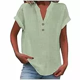 KOG Damen Tshirts Elegante Leinenbluse T-Shirts Fashion Kurzarm Tshirt Frauen Tuniken Sommer Baumwolle Leinen T-Shirt Teenager Rundhals Oversize Oberteil Grün XL