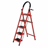 Klappbare Trittleiter, 5 Stufen, mit Werkzeugablage und Handläufen, für Haus, Küche, Speisekammer, Schränke, Büro, Leiter, zusammenklappbar, 5-stufig, für den Innen- und Außenbereich (Rot)
