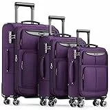 SHOWKOO Kofferset 3 Teilig Stoffkoffer Weichschale Erweiterbar Reisekoffer Leicht Haltbar Trolley Handgepäck Sets mit TSA Schloss und 4 Rollen (M L XL -Violett)