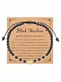JSDDE Damen Perlenarmband Echtes Naturstein Armband mit Herzanhänger einstellbar geflochten Damen Armband Glücksarmband Schmuck für Frauen (Obsidian)