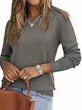 Saodimallsu Strickpullover Damen Langarm Rundhals Einfarbig Locker Pulli Sweatshirt Geripptes Pullover Oberteile Grau M