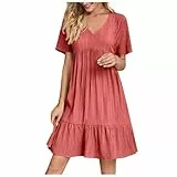 EMATOP Damen Kleider Elegant Leicht Sommerkleid Knielang Minikleid Kurzarm Casual Strandkleid V-Ausschnitt Sexy Freizeitkleider Bequemes Einfarbig Tunika Kleid Hohe Taille Plissiert Blusenkleid