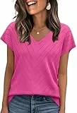 WIHOLL Pullover Damen Kurzarm Sommer Elegant T Shirt Leicht V-Ausschnitt Stretch Oberteile Basic Strickpullover Tops Heißes Rosa XL
