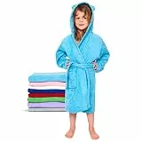 Twinzen - Kinderbademantel Mädchen oder Junge - 100% Baumwolle Ohne Chemikalien OEKO-TEX® - 2 Taschen, Gürtel, Kapuze mit Ohren - 5-6 Jahre, Pastellblau, Size3