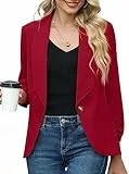 PrinStory Blazer Für Damen Mit 3/4 Geraffte Ärmel - Geschäft Büro Anzug Sportlich Jack Trenchcoat (Rot, EU 42-44)