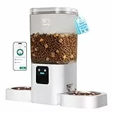 Futterautomat Katze 2 Näpfe mit APP: 5G WiFi Katzenfutter Automat mit Langsamer Vorschub, 7L Trockenfutter Automat für 2 Katzen, WLAN Futterspender Katze Abnehmbar für Mehrere Haustiere (ACF190W-C)