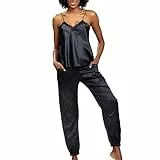 DKaren Satin Pyjama Damen Set Day XXL - Zweiteiler Nachtwäsche Damen - Damen Pyjama mit Trägerbluse und Langer Hose - Pjama Set mit Spitze am Ausschnitt - Satin Schlafanzug Schwarz