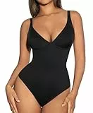 FeelinGirl Shapewear Damen Body Tiefer V-Ausschnitt Bauchweg Bodysuit Tanga Formende Bodys Mode-Shaper mit Breite Schultergurte Schwarz 3XL