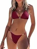 CMTOP Bikini Damen Set Klassischer Triangel Bikini Zweiteiliger Badeanzug Sexy Tanga String Bikini Einstellbar Bindegurte Bikini-Sets Niedrige Taille Badeanzüg mit Spaghetti-Träger(Weinrot, L)
