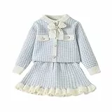 JiAmy Mädchen Bekleidungssets Kinder Langarm Knitted Strickjacke mit A-Linie Plaid Rock Zweiteilig Kleidung Outfits Set Herbst Winter Casual Elegante Pullover Kleid 4-5 Jahre Blau
