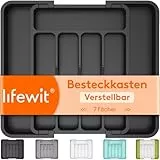 Lifewit Besteckkasten für Schubladen, verstellbarer Kunststoff Organizer Küche Tiefe 31 cm, Besteckeinsatz 5-7 Fächer, erweiterbar bis 37 cm, für Löffel und Gabeln, Schwarz, Mittel