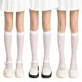 KWJEIULSOQ 3 Paar Kniestrümpfe Damen, 3 Stile Drucken Kniestrümpfe Weiß, Atmungsaktiv Dünne & Elegante Lange Knie Socken für Lässig Party Laufen Fußball Cheerleading Tanz