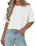 Imily Bela T-Shirt Damen Sommer Kurzarm Basic Crop Tops Casual Oversize Sport Oberteile(Weiß,L)