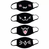 Fashionapple 4 Stück Mundschutz Anime Cartoon Maske Unisex Baumwolle Anti-Staub Mode Kawaii süße mundschutz Wiederverwendbare Emotionsmaske schwarz mit Motiv