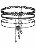 FindChic 3 Stück Fußkette Damen Doppeltes Herz-Fußkette Schlangenkette Fußkettchen Panzerkette Strand Knöchel Ketten Armbänder Verstellbare Fußschmuck Set, Schwarz, Wasserfest, 22+5cm