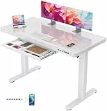 Homall Glas Höhenverstellbarer Schreibtisch, 120 x 60 cm Elektrischer Höhenverstellbarer Schreibtisch mit Schublade, Sitz- und Steh-Schreibtisch für Home Office, weiß