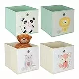 Relaxdays 4er Set, Kinder Aufbewahrungsboxen, süße Tier-Motive, Faltbox für Würfelregale, HBT: 30x30x30 cm, Textil, bunt