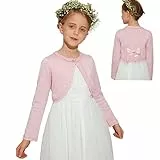 Danna Belle Mädchen Bolero 110 Kinder Strickjacke 116 Cardigan mit Schleife aus Samt dran Festlich Kommunion Tauf Hochzeit Einschulung Rosa 5-6 Jahre