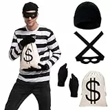 MOPQMKT Thief Fancy Dress, 4 Pieces Robber Costume for Adults, Thief Mask + Cap + Gloves + Money Bag, Bank Robber Costume for Carnival, Cosplay, Costume Party