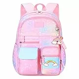 Myyunhx Rucksack für Mädchen Kawaii Versammlung Kühlschranktür Mädchen Rucksack Gradientenregenbogen Rucksack der Mittelschule mit Regenbogenanhänger Für jugendliche Mädchen Büchertasche (Rosa)