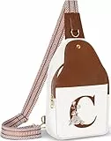 Lizznoe Personalisierte Umhängetasche für Damen, Leder, mit Initialenbuchstaben, Brusttasche für Reisen, Geschenk für Mutter, Ehefrau, Weiß/Braun, C