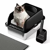 Einfache Reinigung Katzentoilette aus Edelstahl, Katzentoilette aus antihaftbeschichtetem Metall, Katzentoilette für Katzen,verhindert Urinverlust, inklusive Schaufel und Katzenstreumatte,Schwarz,L