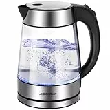Aigostar Chubby - Edelstahl Glaswasserkocher mit LED Beleuchtung, Glas Wasserkocher Verdicktes Borosilikatglas 1,7 Liter, 2200 Watt, Kalkfilter, Auto-off Trockenlaufschutz, BPA frei, Silber