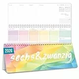 Häfft® Wochen-Tischkalender 2026 quer mit Aufsteller 'Rainbow' 1 Woche 2 Seiten, Schreibtisch-Kalender mit Sprüchen, Wochenkalender 29,7 x 11,6 cm - nachhaltig & klimafreundlich