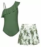 GRACE KARIN Mädchen Badeanzug Set 2-teilig Sport Schwimmanzug Kinder Einteiliger Bademode Quick-Dry Swimsuit mit Mesh Rock Dunkelgrün 12-13 Jahre