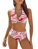 AI'MAGE Bikini Damen Set Zweiteiliger Sexy Badeanzug V Ausschnitt Bauchweg Bademode High Waist Urlaub, Rosa, L