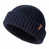 Comhats Fischer Mütze Herren Wollmütze Kurz Docker Haube Trawler Fisherman Beanie Hat Damen Merino Wolle Strick Winter Cap Großer Kopf Ski XL/XLL Marineblau