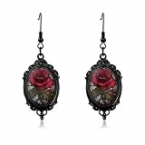 Damen Vintage Rote Rose Gothic Ohrringe – Halloween Ohrringe Damen Vampir Schmuck Gothic Accessoires – Retro Blumen Ohrhänger Schwarz Rot – Halloween Schmuck Vermissen Geschenk für Mädchen & Frauen