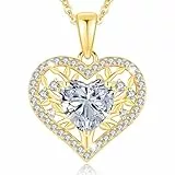 LAVUMO Lebensbaum Herz Kette Damen 925 Sterling Silber Geburtsstein Anhänger Halsketten Geburtstagsgeschenk für Frauen Freundin Mama Valentinstag Muttertags Weihnachten (Gold)